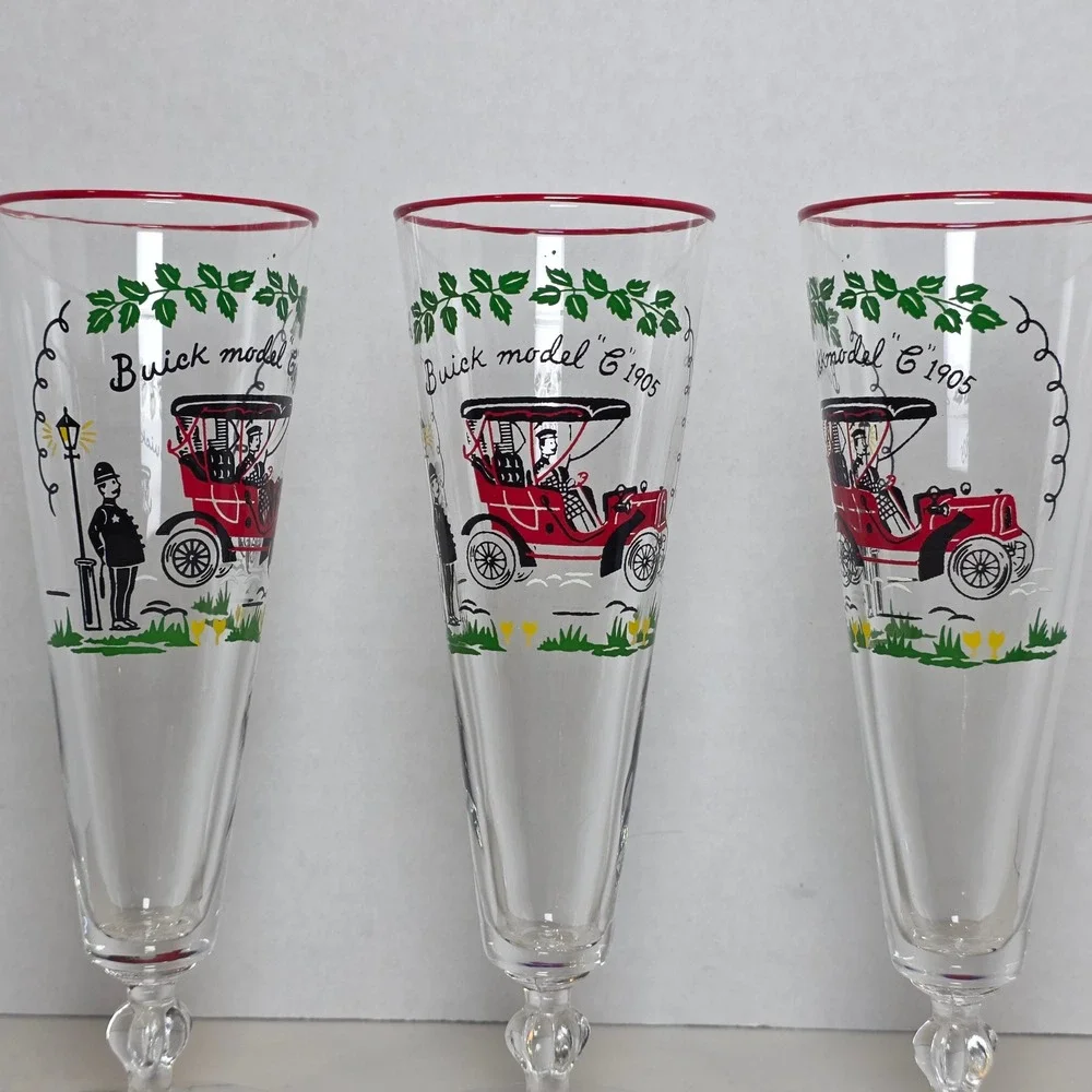 VTG Buick Model C 1905 Pilsner Glasses Red Rim Stemmed Set of 3‎ Barware Retro